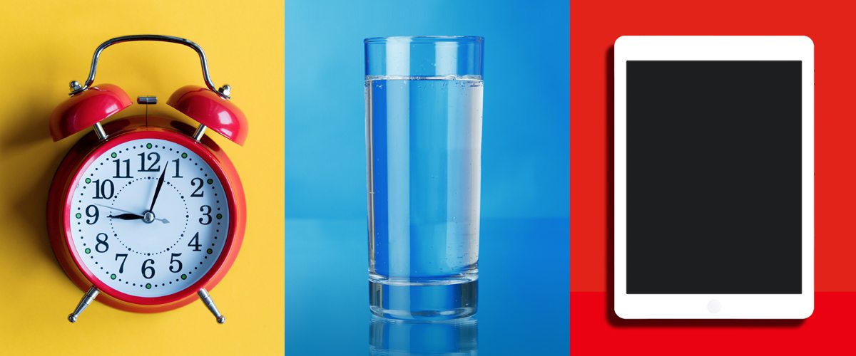 A collage of a clock, a glass of water and an iPad