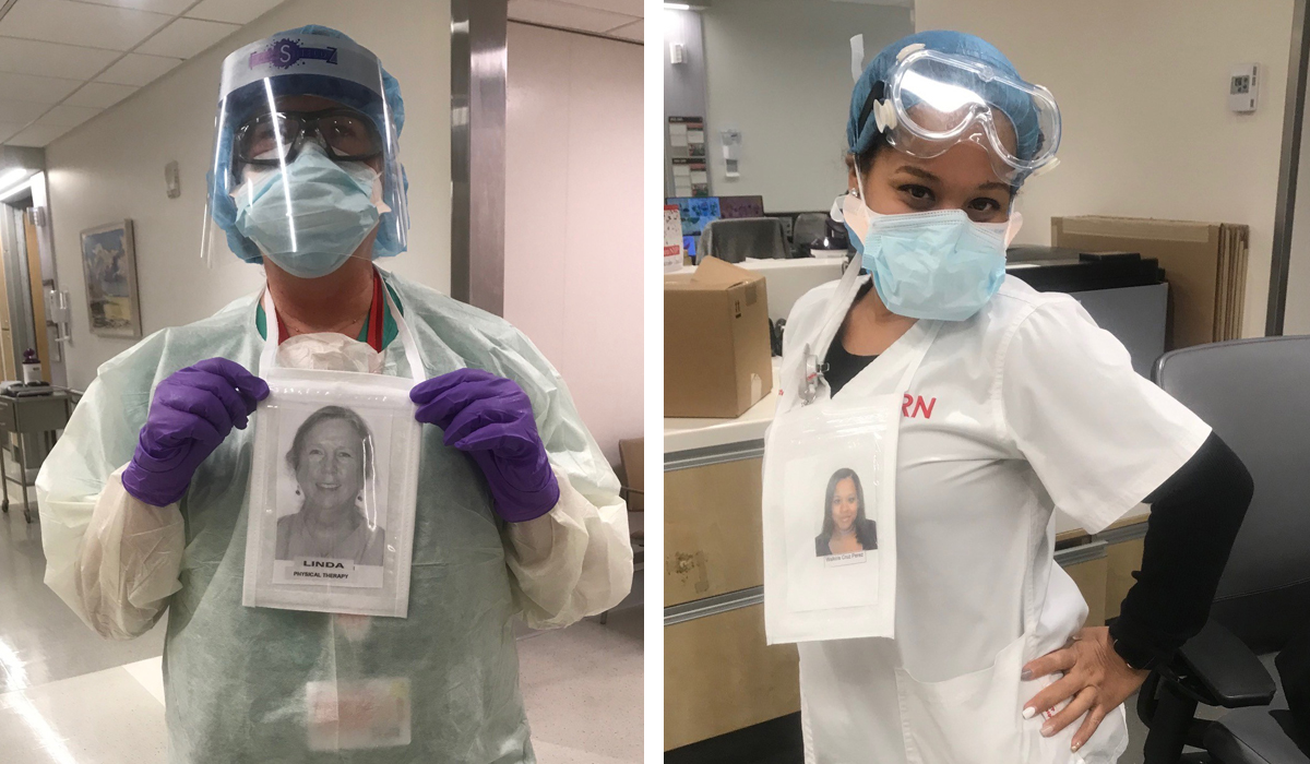 Staff with face masks and photos of themselves