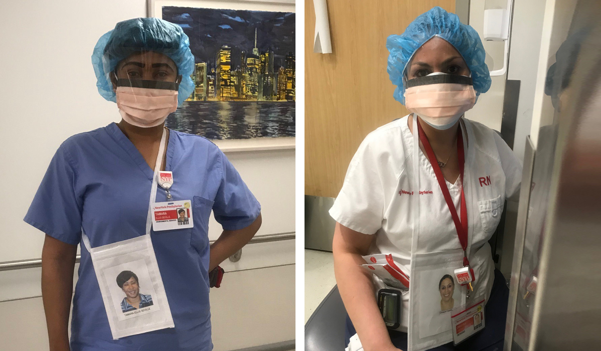 Staff with face masks and photos of themselves