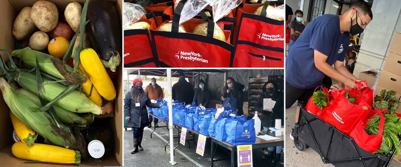 Montage of photos of people distributing food